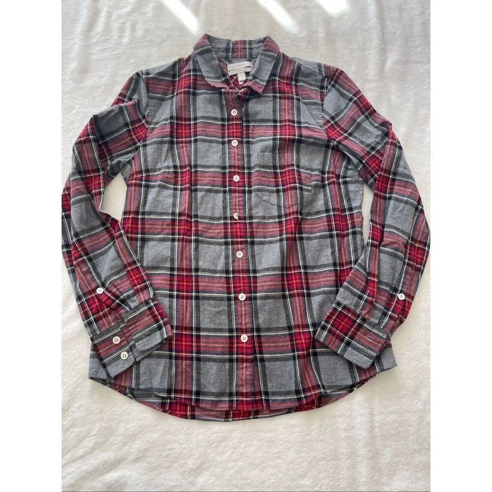 J. Crew Boy Plaid Flannel Shirt Grey Red Ladies size 4 100% Cotton Long Sleeve